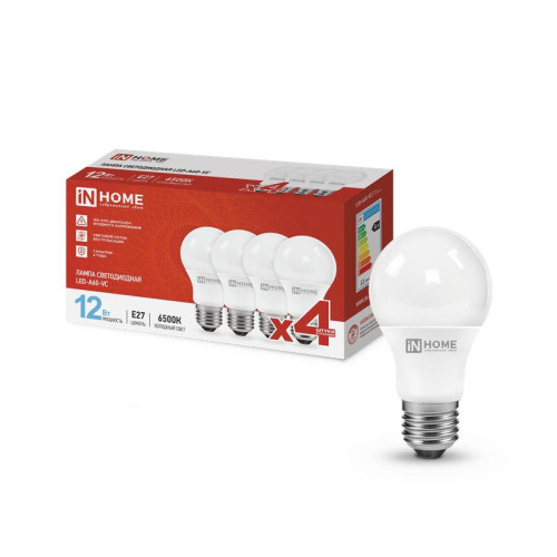 Лампа светодиодная LED-A60-VC 4PACK 12Вт 230В E27 6500К 1140лм (уп.4шт) IN HOME 4690612047676