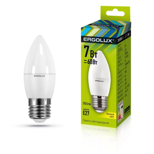 Лампа светодиодная LED-C35-7W-E27-3K Свеча 7Вт E27 3000К 172-265В Ergolux 13297