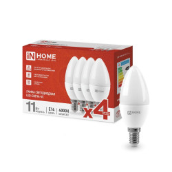 Лампа светодиодная LED-СВЕЧА-VC 4PACK 11Вт 230В E14 4000К 1050лм (уп.4шт) IN HOME 4690612047799