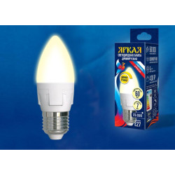 Лампа светодиодная LED-C37 7W/3000K/E27/FR/DIM PLP01WH Яркая 7Вт свеча матовая 3000К тепл. бел. E27 диммир. (упак. картон) Uniel UL-00004297