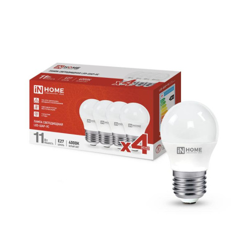 Лампа светодиодная LED-ШАР-VC 4PACK 11Вт 230В E27 4000К 1050лм (уп.4шт) IN HOME 4690612047881