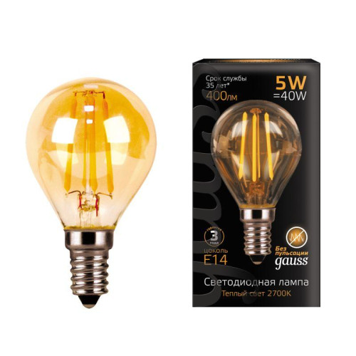 Лампа светодиодная филаментная Filament 5Вт шар 2700К тепл. бел. E14 400лм golden GAUSS 105801005