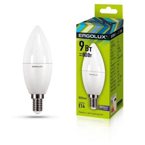 Лампа светодиодная LED-C35-9W-E14-6К Свеча 9Вт E14 6500К 172-265В Ergolux 13169