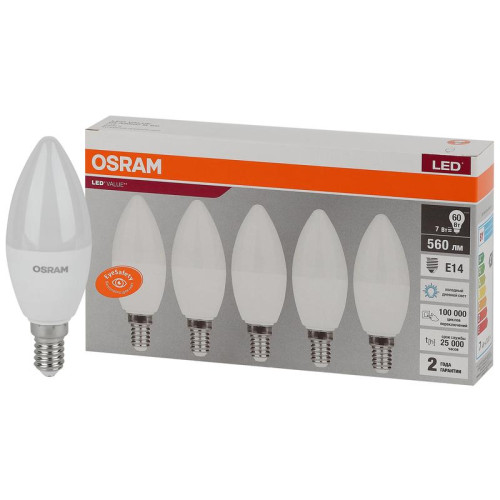 Лампа светодиодная LED Value LVCLB60 7SW/865 7Вт свеча матовая E14 230В 2х5 RU (уп.5шт) OSRAM 4058075577985