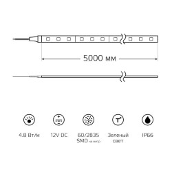 Лента светодиодная Black 2835/60-SMD 4.8Вт/м зел. IP66 210лм/м 12В (блист.5м) GAUSS 311000605