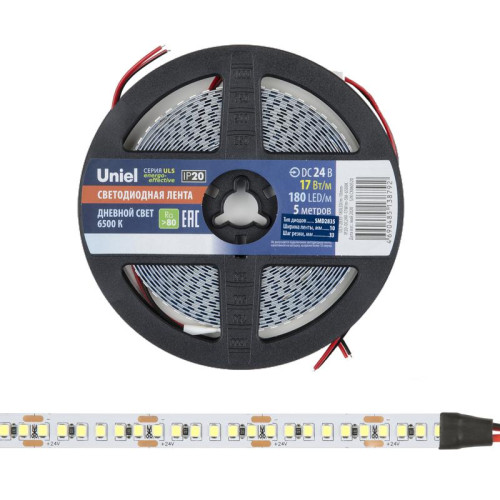 Лента светодиодная ULS-2835-180LED/m-10mm-IP20-DC24V-17W/m-5M-6500K 17Вт/м 180LED/м 6500К холод. бел. IP20 24В DC 10мм гибкая на самоклеящейся основе герметичн. упак. (уп.5м) Uniel UL-00007644