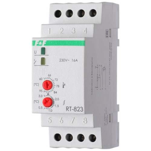 Регулятор температуры RT-823 (от +60 до +95 град.C; выносной датчик с термоус. проводом; монтаж на DIN-рейке 35мм 50-260В 16А 1P IP20) F&F EA07.001.006