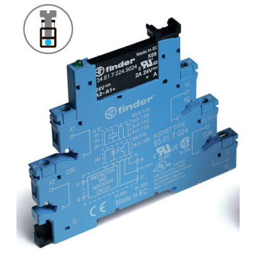 Модуль интерфейсный (сборка 34.81.7.060.9024 + 93.01.3.240) твердотельное реле выход 6А (24В DC) 230-240В AC/DC подавление утечки тока IP20 винт. клеммы FINDER 388132409024