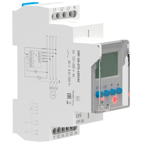 Реле фаз ORF-SN 3ф. 2 конт. 70-400В AC с контр. нейтр. ONI ORF-SN-070-400VAC