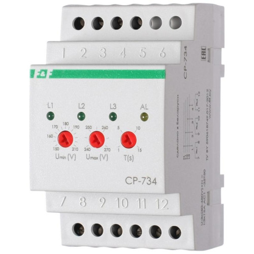 Реле напряжения CP-734 (трехфазное; контроль нижнего (150-210В) и верхнего (240-270В) порога напряжения; отдельный контакт на каждую фазу; монтаж на DIN-рейке 35мм 3х400/230 N 3х8А 3х1R IP20) F&F EA04.009.007