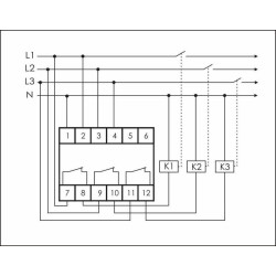 Реле напряжения CP-733 (трехфазное; контроль нижнего (150-210В) и верхнего (240-270В) порога напряжения; отдельный контакт на каждую фазу; монтаж на DIN-рейке 35мм 3х400/230 N 3х8А 3х1Z IP20) F&F EA04.009.006