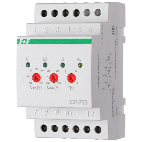 Реле напряжения CP-733 (трехфазное; контроль нижнего (150-210В) и верхнего (240-270В) порога напряжения; отдельный контакт на каждую фазу; монтаж на DIN-рейке 35мм 3х400/230 N 3х8А 3х1Z IP20) F&F EA04.009.006