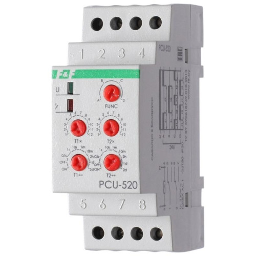 Реле времени PCU-520 2х8А 230В 2 перекл. IP20 многофункц. монтаж на DIN-рейке F&F EA02.001.012