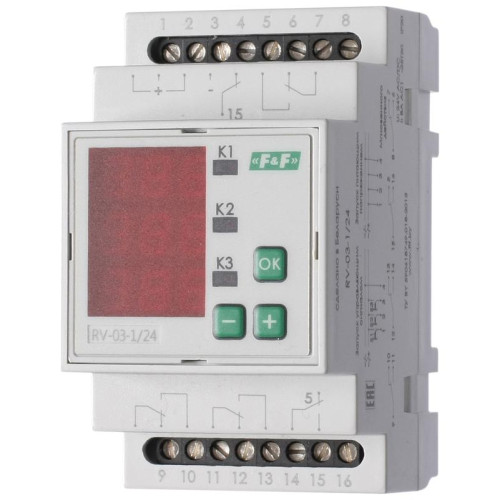Реле времени RV-03-1/24 4х8А 24В AC/DC 4NO/NC IP20 многофункц. 3-х канал. 9 режимов работы с входами START диапазон выдержки времени 0с-99ч 59мин; 3мод. монтаж на DIN-рейке F&F EA02.001.029