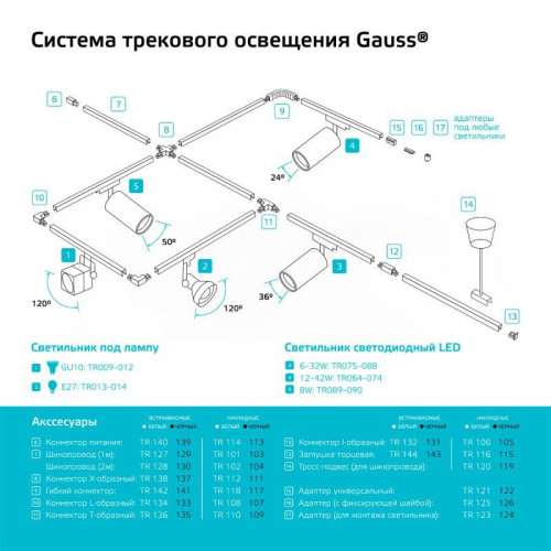 Коннектор Track однофазный для встраив. трековых шинопроводов (+) бел. GAUSS TR138