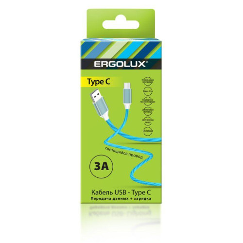 Кабель USB-Type C ELX-CDC02-C06 3А 1.2м LED зарядка+передача данных коробка син. Ergolux 15305