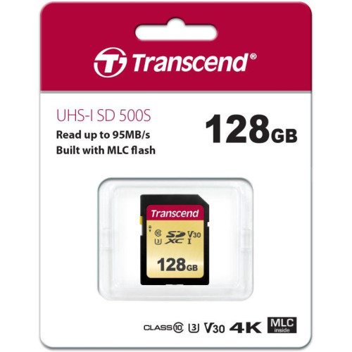 Карта памяти TS128GSDC500S 128GB SDXC Class 10 UHS-I U3 V30 R95 W60MB/s Transcend 1000501899