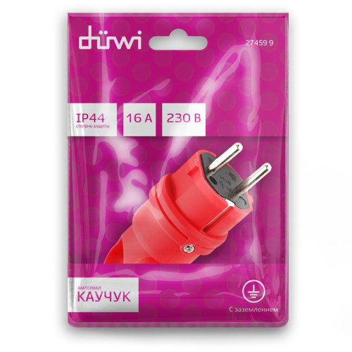 Вилка каучуковая прямая с/з 90град. с кольцом 16А 230В IP44 красн. Duwi 27459 9