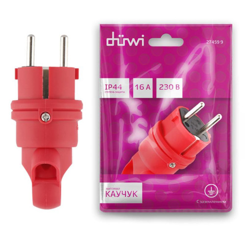 Вилка каучуковая прямая с/з 90град. с кольцом 16А 230В IP44 красн. Duwi 27459 9