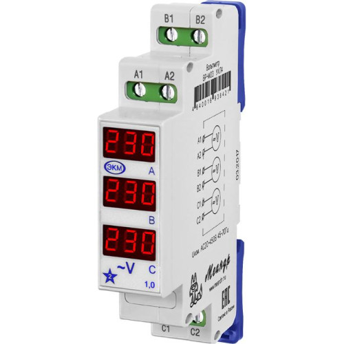 Вольтметр цифровой ВР-М03 АС50-450В УХЛ4 на DIN-рейку измер. напряж. 3ф сети Меандр A8302-19912141