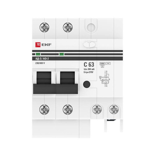 Выключатель автоматический дифференциального тока C 63А 300мА тип AC 6кА АД-2 (электрон.) защита 270В PROxima EKF DA2-6-63-300-pro