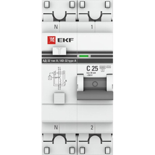 Выключатель автоматический дифференциального тока 2п (1P+N) C 25А 30мА тип A 6кА АД-32 защита 270В электрон. PROxima EKF DA32-6-25-30-a-pro