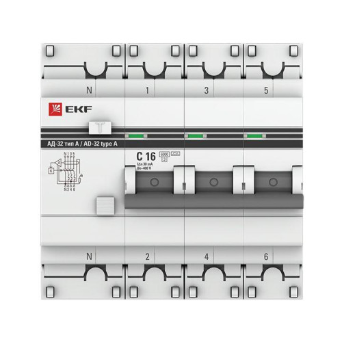 Выключатель автоматический дифференциального тока 4п (3P+N) C 16А 30мА тип A 6кА АД-32 защита 270В электрон. PROxima EKF DA32-6-16-30-4P-a-pro