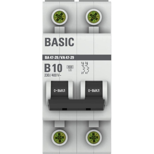 Выключатель автоматический модульный 2п B 10А 4.5кА ВА 47-29 Basic EKF mcb4729-2-10-B