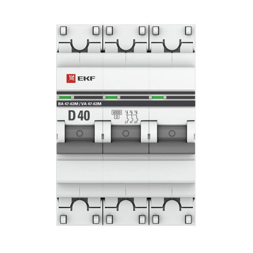 Выключатель автоматический модульный 3п D 40А 6кА ВА 47-63M с одним магнит. расцеп. EKF mcb4763m-6-3-40D-pro