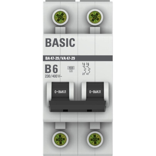 Выключатель автоматический модульный 2п B 6А 4.5кА ВА 47-29 Basic EKF mcb4729-2-06-B