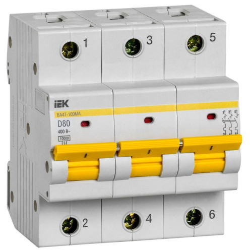 Выключатель автоматический модульный 3п D 80А 10кА ВА47-100МА без тепл. расцеп. IEK MVA43-3-080-D
